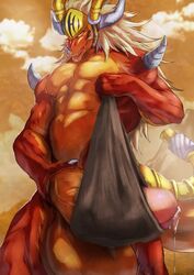 anthro bara big_penis dragon drum_bunker_dragon heavy_balls heavy_penis horns huge_cock looking_at_viewer male_only muscular orange_body precum red_body solo tagme zex