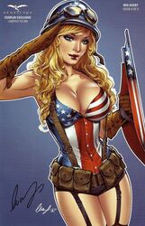 1girls american_flag american_flag_shirt avengers big_breasts blonde_hair breasts britney_waters brown_panties busty captain_america captain_america's_shield captain_america_(cosplay) comic_cover crossover elias_chatzoudis eyeshadow female female_only garter_straps goggles goggles_on_head green_eyes grimm_fairy_tales_zenescope helmet human human_only large_breasts lipstick makeup marvel marvel_comics mascara official_art panties pinup pouch red_lips red_lipstick salute saluting scan scan_artifacts shield shirt smile smiling solo superheroine text themed_clothes thighhighs thighs zenescope