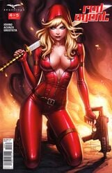 1girls 2015 belt big_breasts blonde_hair blue_eyes bodysuit breasts britney_waters brown_belt busty cleavage comic_cover eye_contact eyeshadow female female_only fire grimm_fairy_tales_zenescope holding_gun holding_sword holding_weapon katana kneeling large_breasts leg_band lipstick looking_at_viewer machine_gun makeup mascara official_art pinup red_bodysuit red_lips red_lipstick rifle sabine_rich signature smile smiling smoke solo sword text unzipped_bodysuit zenescope zipper_pull_tab