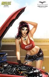 1girls arm_up belt big_breasts black_hair blue_eyes blue_shorts breasts brown_gloves busty car car_hood cleavage comic_cover detroit earrings engine eye_contact female female_only gloves grimm_fairy_tales_zenescope highlights hot_pants keres_(zenescope) large_breasts lipstick looking_at_viewer mechanic mike_krome multicolored_hair necklace official_art pink_hair pink_highlights pinup red_lips red_lipstick red_shirt shirt shorts solo streaked_hair striped_hair text thighs toolbox ula_mos wrench zenescope