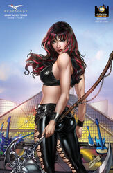 1girls angry arm_band ass axe back_view big_breasts black_bra black_hair black_pants bra breasts busty cleveland comic_cover dat_ass eye_contact eyeshadow female female_only from_behind glare grimm_fairy_tales_zenescope guitar highlights holding_axe holding_weapon jose_luis keres_(zenescope) large_breasts lipstick looking_at_viewer looking_back looking_back_at_viewer makeup mascara mascara_tears official_art pants pinup red_hair red_highlights red_lips red_lipstick ripped_pants solo standing text torn_pants ula_mos weapon zenescope