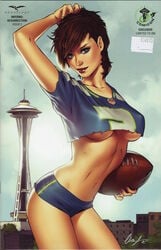 1girls arched_back bike_shorts blue_eyes blue_panties blue_shirt building buildings comic_cover crop_top elias_chatzoudis eyeshadow female female_only football_(american) grimm_fairy_tales_zenescope hotpants inferno_(zenescope) jersey lipstick looking_at_viewer makeup mascara mercy_dante midriff mullet nail_polish nipple_bulge no_bra official_art panties perky_breasts pinup pose red_hair red_lips red_lipstick red_nail_polish red_nails seattle shirt short_hair short_shirt signature solo solo_female space_needle sports sports_uniform standing t-shirt text underboob zenescope