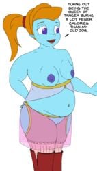 2d belly_button belly_piercing blue-skinned_female blue_skin breasts buzz_lightyear_of_star_command dialogue disney fat female lipstick mira_nova nipples overweight pussy queen royalty slightly_chubby solo weight_gain