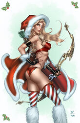 1girls arrow arrows ass black_gloves blonde_hair blue_eyes bow bra braid breasts cape christmas female female_only fingerless_gloves fur_trim gloves grimm_fairy_tales_zenescope holding_bow holding_weapon hood lipstick long_hair looking_back michael_dooney official_art panties pinup quiver red_bra red_cape red_lips red_lipstick red_panties red_thong robin_hood robyn_hood robyn_locksley solo stockings thighs thong ula_mos weapon zenescope