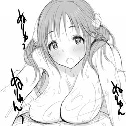 1boy bangs blush breast_massage breasts cowgirl_position eyebrows_visible_through_hair female greyscale idolmaster idolmaster_cinderella_girls large_breasts long_hair monochrome nude poin sagging_breasts simple_background solo_focus totoki_airi twintails white_background