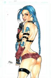 1girls 2019 arm_belt ass black_belt black_bra blue_eyebrows blue_gloves blue_hair bra braid braided_hair breasts brown_eyes cowboy_shot dated ear_stud ear_studs earrings ed_benes_studio erect_nipples erect_nipples_under_clothes female female_ass female_only finger_to_mouth fingerless_gloves gloves hot_pants iago_maia jinx_(league_of_legends) league_of_legends leg_band long_hair looking_at_viewer medium_breasts nipple_bulge nipples pinup purple_lips purple_lipstick purple_makeup purple_nail_polish purple_nails red_shorts red_sleeves short_shorts shorts sideboob signature sleeves solo standing tattoo tattoos thighs tongue tongue_out