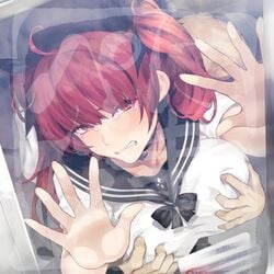 against_glass ahoge alternate_costume azur_lane bangs black_choker black_ribbon black_sailor_collar blush breast_grab breasts chikan choker clenched_teeth commentary_request crying crying_with_eyes_open female from_behind_position grabbing groping groping_breasts groping_from_behind groping_through_clothes ground_vehicle hair_ribbon honolulu_(azur_lane) large_breasts public_use rape red_eyes red_hair ribbon sailor_collar school_uniform serafuku tears teeth tkhs train train_interior twintails