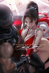 1boy 1girls armpits arms_at_sides arms_down artist_name big_breasts breasts brown_eyes brown_hair cleavage curvy duo fatal_fury female female_focus highleg king_of_fighters large_breasts long_hair looking_at_viewer mai_shiranui male ninja ninja_gaiden open_mouth patreon patreon_username pelvic_curtain pinup ponytail ryu_hayabusa sakimichan sideboob signature snk standing straight thighs tongue tongue_out watermark wide_hips