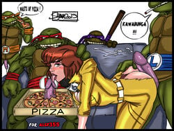 1girls 4boys april_o'neil april_o'neil_(tmnt_1987) brothers buttjob cheese dick_in_a_box donatello_(tmnt) double_penetration fellatio gangbang hot_dogging jumpsuit leonardo_(tmnt) licking_penis michelangelo_(tmnt) multiple_boys mushroom pepperoni pepperoni_pizza pizza pizza_box raphael_(tmnt) ripped_clothing shina spitroast teenage_mutant_ninja_turtles tmnt_1987