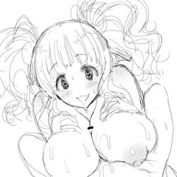 1boy :3 areolae bangs blush breast_squeeze breasts cum cum_on_body cum_on_breasts cum_on_upper_body ejaculation eyebrows_visible_through_hair female greyscale idolmaster idolmaster_cinderella_girls large_breasts long_hair monochrome moroboshi_kirari nipples nude paizuri paizuri_on_lap poin puffy_nipples simple_background sketch straight twintails white_background