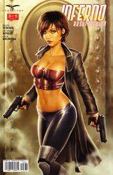 1girls big_breasts big_breasts black_jacket black_pants bra breasts brown_eyes busty cleavage comic_cover deacon_black eye_contact female female_only grimm_fairy_tales_zenescope gun guns holding_gun holding_weapon jacket large_breasts leg_braces looking_at_viewer mercy_dante official_art pants pinup red_bra red_hair red_lips red_lipstick short_hair smoke solo standing text weapon weapons zenescope