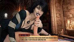 1boy 1girls big_breasts big_penis black_nails dark_magician daz_studio female javiertheone lilith looking_at_penis text_box unseen_male_face