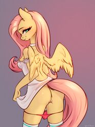 2019 anthro ass bodily_fluids clothing equid equine female fluttershy_(mlp) friendship_is_magic genital_fluids hi_res looking_at_viewer mammal my_little_pony pterippus pussy pussy_juice simple_background smile solo straight_hair underwear vincher wings