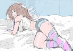 1girls artist_request ass d.va dat_ass laying_on_bed overwatch pale_color panties sketch soft_color solo thighhighs