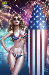 1girls alice_(wonderland) alice_in_wonderland alice_liddell american_flag american_flag_bikini beach big_breasts bikini bikini_bottom bikini_top black_hair bra breasts busty cleavage comic_cover female female_only fireworks grimm_fairy_tales_zenescope large_breasts lipstick long_hair michael_dooney official_art panties pinup solo standing sunglasses surfboard thighs thong ula_mos zenescope