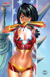 1girls 2015 alternate_outfit alternative_outfit avengers bangs big_breasts black_hair bra breasts busty cleavage comic_cover cosplay crossover eric_basaldua eyeshadow female female_only fingerless_gloves gloves glowing_eyes grimm_fairy_tales_zenescope iron_man iron_man_(cosplay) large_breast long_hair makeup marvel marvel_comics mascara nail_polish nei_ruffino official_art panties pinup red_bra red_nail_polish red_nails sela_mathers signature solo standing statue_of_liberty text zenescope