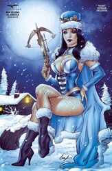 1girls alternate_costume alternative_costume big_breasts big_breasts black_hair black_heels black_high_heels blue_cape blue_cloak blue_corset blue_eyes blue_hat blue_panties blue_sleeves breasts building busty cape cleavage cloak collar comic_cover corset crossbow elias_chatzoudis eyeshadow female female_only fishnet fishnet_legwear fur_trim goggles goggles_on_head grimm_fairy_tales_zenescope hat heels high_heels holding_crossbow holding_weapon house large_breasts liesel_van_helsing lipstick long_hair makeup mascara nail_polish official_art panties pinup red_lips red_lipstick red_nail_polish red_nails sitting sleeves smile smiling solo text weapon zenescope