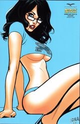 1girls barefoot big_breasts big_breasts black_hair black_nail_polish black_nails blue_eyes blue_panties blue_shirt breasts busty comic_cover david_nakayama detroit female female_only glasses grimm_fairy_tales_zenescope large_breasts long_hair official_art open_mouth panties pinup red_lips red_lipstick sela_mathers shirt short_shirt solo text thighs zenescope