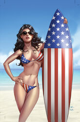 1girls american_flag american_flag_bikini beach big_breasts bikini bikini_bottom bikini_top blonde_hair bra breasts busty calie_liddle cleavage comic_cover female female_only fireworks grimm_fairy_tales_zenescope large_breasts lipstick long_hair michael_dooney official_art panties pinup solo standing sunglasses surfboard thighs thong ula_mos zenescope