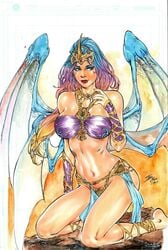 1girls 2019 arm_guards aspen_mlt barefoot belly_button big_breasts big_breasts blue_eyes blue_hair bra bracers breasts busty crown dated ed_benes_studio eyeshadow female female_only grace highlights iago_maia insect_wings jewelry kneeling large_breasts lipstick makeup mascara midriff multicolored_hair nail_polish navel panties pink_highlights pinup purple_bra purple_highlights red_lips red_lipstick rock signature smile smiling solo soulfire stomach thighs wings