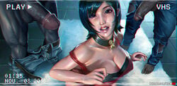 1girls 2boys ada_wong capcom cfnm choker cleavage dark-skinned_male dark_skin interracial looking_at_viewer on_knees resident_evil resident_evil_2 yichimoo