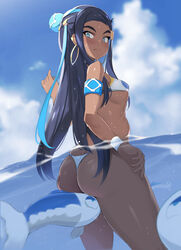 1girls alternate_outfit ambiguous_gender ass ass_cleavage ass_support back big_ass bikini blush bracelet breasts butt_crack cleavage dark-skinned_female dark_skin dat_ass earrings eye_contact eyeshadow female female_only feral fish hoop_earrings larger_female looking_at_viewer looking_back looking_down makeup nessa_(pokemon) nintendo noripachi partially_submerged partially_underwater_shot pokemon pokemon_sm pokemon_ss pose revealing_clothes sideboob size_difference skindentation sky solo surprised thick_thighs underboob underwater water wide_hips wishiwashi