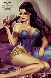 1girls apple bed big_breasts black_hair blue_corset blue_eyes blue_heels breasts bustier busty cleavage comic_cover corset elias_chatzoudis eyeshadow fairy_tales female female_only flower flowers fruit glasses grimm_fairy_tales_(comic) grimms'_fairy_tales heels high_heels holding_apple holding_fruit hot_pants large_breasts lipstick long_hair makeup mascara official_art panties pillow pinup rose roses sela_mathers short_shorts shorts sitting snow_white_(fairy_tales) snow_white_(grimm) solo text thighs yellow_panties yellow_shorts zenescope zenescope_entertainment