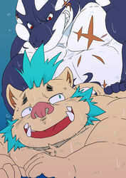 anal ass blue_hair bodily_fluids fish gouryou hair hi_res male male/male male_only mammal marine musclegut nude pecs scar sex shark suid suina sus_(pig) sweat tokyo_afterschool_summoners tusks typhon video_games wild_boar yukikazefactory