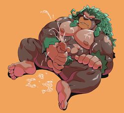 1boy 2019 5_fingers 5_toes abs anthro bearwivme big_muscles big_penis black_nose bodily_fluids brown_body brown_eyes brown_fur cum cum_on_chest cum_on_ground cum_on_self cumshot ejaculation feet fingers fur furry genital_fluids green_hair hair hi_res male male_only masturbation monkey moobs muscular muscular_male nintendo nude orgasm penis plantigrade pokémon_(species) pokemon pokemon_ss pubic_hair rillaboom simple_background solo testicles toes video_games