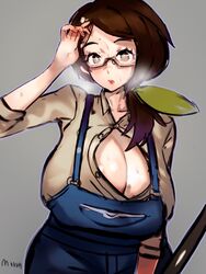 1girls adjusting_hair alternate_breast_size asymmetrical_hair blush breasts brown_eyes brown_hair cleavage cowboy_shot curvaceous denim eye_contact female female_only glasses grey_background hanging_breasts heavy_breathing high_resolution huge_breasts human human_only jeans looking_at_viewer mature mature_woman megane milf mother mother_(pokemon_ss) nintendo open_mouth overalls pale-skinned_female pale_skin pants pokemon pokemon_ss ponytail presenting presenting_self side_ponytail simple_background sketch solo source_request standing sweat text tied_hair voluptuous watermark wide_hips