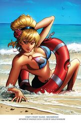 1girls 2016 arm_up beach big_breasts bikini_top blonde_hair blue_bra blue_eyes blue_hairband blue_sky bra breasts busty cinderella cinderella_(fairy_tales) cinderella_(zenescope) cleavage female female_only floatie flotation_device grimm_fairy_tales_(comic) grimm_fairy_tales_zenescope hair_bun hairband hairbun large_breasts lipstick official_art pinup red_lips red_lipstick sanju_nivangune sitting sky solo swimsuit text thighs vincenzo_cucca water wave zenescope zenescope_entertainment