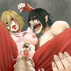 2girls a_slap_on_titan ahe_gao annie_leonhardt attack_on_titan cb350four cum eren_jaeger female_titan multiple_girls pussy_juice rape restrained sex threesome titan wet