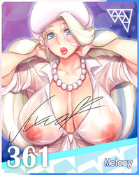 1girls alternate_breast_size alternate_outfit areolae armpits breasts card earrings eye_contact female female_only hair_over_one_eye half-closed_eyes hat huge_breasts human human_only inverted_nipples large_breasts league_card looking_at_viewer melony_(pokemon) momofuki_rio necklace nintendo nipples pokemon pokemon_ss sagging_breasts solo text