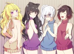 4girls black blake_belladonna breasts clothed clothed_female clothing faunus female female_only fully_clothed human laughing multiple_girls proud red rooster_teeth ruby_rose rwby shy small_breasts team_rwby umino_pepo virgin_killer_sweater weiss_schnee white yang_xiao_long yellow