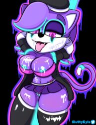 anthro cameltoe cleavage cum cum_on_body cyan_fur furry_ears huge_breasts naughtykyla original_character purple_fur pussy_floss sonic_(series) thick_thighs tongue_out