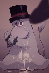 2019 anthro blush bodily_fluids bound clothing cum cum_on_ground cum_on_stomach disembodied_penis duo genital_fluids hat headgear headwear hi_res humanoid_hands imotaco male male_only moomin moominpappa penis sitting solo_focus the_moomins