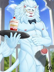 abs balls blush bow_tie cancerdoge erection eyewear felid food fur hair handjob hi_res lion male male_only mammal mane mane_hair monocle muscular muscular_male nipples pantherine pecs penile penis serving_tray sex snow_(tokyo_afterschool_summoners) tokyo_afterschool_summoners video_games white_body white_fur