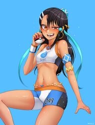 1girls abs alternate_costume armpits black_hair blue_theme bracelet breasts clothed cosplay crossover earrings eye_contact female game_freak gem gym_leader_(cosplay) hair_ornament hayase_nagatoro impossible_clothes jewelry long_hair looking_at_viewer minishorts navel nessa_(pokemon)_(cosplay) nintendo nyxkz please_don't_bully_me,_nagatoro pokemon pokemon_ss ribs shorts skin_tight small_breasts smile solo stomach tank_top teeth thick_thighs thigh_gap watermark