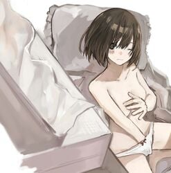 1girls bangs bed blush bob_cut brown_eyes brown_hair female female_only hand_in_panties hashimoto_kokai masturbation original panties pillow short_hair solo tissue_box topless underwear