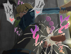 1boy against_wall akatsuki_kirika anal_beads anus artist_request ass black_gloves black_legwear blonde_hair blue_shirt blush breasts clothed_sex cum cum_in_pussy dark-skinned_male eyebrows_visible_through_hair female gloves green_eyes green_neckwear hair_ornament hairclip heart highres necktie open_mouth outdoors overflow pantyhose pipes pussy senki_zesshou_symphogear sex shirt short_hair small_breasts speech_bubble striped striped_neckwear tears tongue tongue_out torn_clothes torn_legwear vaginal_penetration wrist_grab