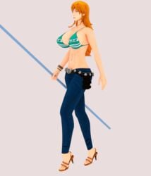 1girls 3d animated bikini_top bouncing_breasts breasts cleavage female female_only grey_background high_heels huge_breasts jeans nami navel one_piece orange_hair t_(artist) walk_cycle walking