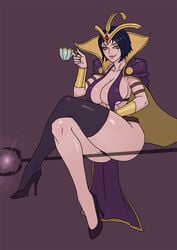 1girls cleavage clothing female high_heels huge_breasts human league_of_legends leblanc low-angle_view revealing_clothes samiri sitting skimpy solo solo_female thick_thighs thighhighs