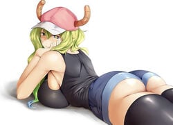 1girls ass big_ass big_breasts black_eyes breast_press breasts dat_ass female female_only from_behind hat horns huge_breasts large_breasts legwear long_hair looking_back lying lying_down miss_kobayashi's_dragon_maid multicolored_hair no_nude quetzalcoatl_(dragon_maid) short_shorts shorts smile solo solo_focus white_background