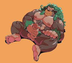 1boy 2019 5_fingers 5_toes abs anthro bearwivme big_muscles big_penis black_nose brown_body brown_eyes brown_fur fingers fur furry green_hair hair hi_res humanoid_penis male male_only masturbation monkey moobs muscular muscular_male nintendo nude penis plantigrade pokémon_(species) pokemon pokemon_ss pubic_hair rillaboom simple_background solo testicles toes video_games