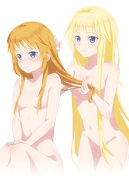 2girls alice_schuberg ao_(korindou) blonde_hair blush breasts brown_hair closed_mouth hair_censor hair_down hair_over_breasts hands_on_own_knees kneeling long_hair medium_breasts multiple_girls navel nude selka_schuberg shiny shiny_skin siblings simple_background sisters sitting small_breasts sweat sword_art_online sword_art_online_alicization very_long_hair washing washing_hair white_background