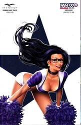 1girls alternate_costume big_breasts black_hair blue_eyes blue_shirt breasts busty cheerleader cleavage deacon_black earrings female female_only glasses grimm_fairy_tales_zenescope large_breasts leaning_forward lipstick long_hair panties pinup pom_poms red_lips red_lipstick sela_mathers shirt smile smiling solo star_earrings thighs white_panties zenescope