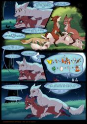 arctic_fox blush canid canine comic commentary_request crytrauv elly english_text female fennec feral flash_back fox fur grass group group_sex hi_res keki kyuro male mammal oral outside page_10 page_number red_fox rukifox sex text vaginal_penetration white_body white_fur young