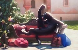 1boy anthro balls bench chair detailed_background disney felid furniture genitals lounge_chair lounging male male_only mammal nude nudist okdrsutsu pantherine penis personal_grooming pillow relaxing solo stretched_out_leg zootopia