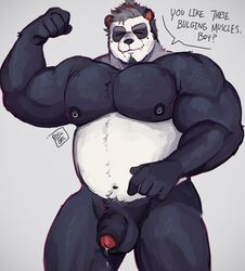 anthro biceps big_muscles black_body black_fur blush bodily_fluids chest_tuft closed_eyes flexing foreskin fur genital_fluids giant_panda hair half-erect hi_res humanoid_penis male male_only mammal musclegut muscular muscular_male nipple_piercing nipples nude pecs penis piercing precum ruslorc slightly_chubby smile solo standing tuft uncut ursid white_body white_fur