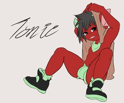 bandana bulge clothing demon femboy girly humanoid imp jockstrap looking_at_viewer male pinup pose retro_future sneakers solo spread_legs spreading tonic underwear